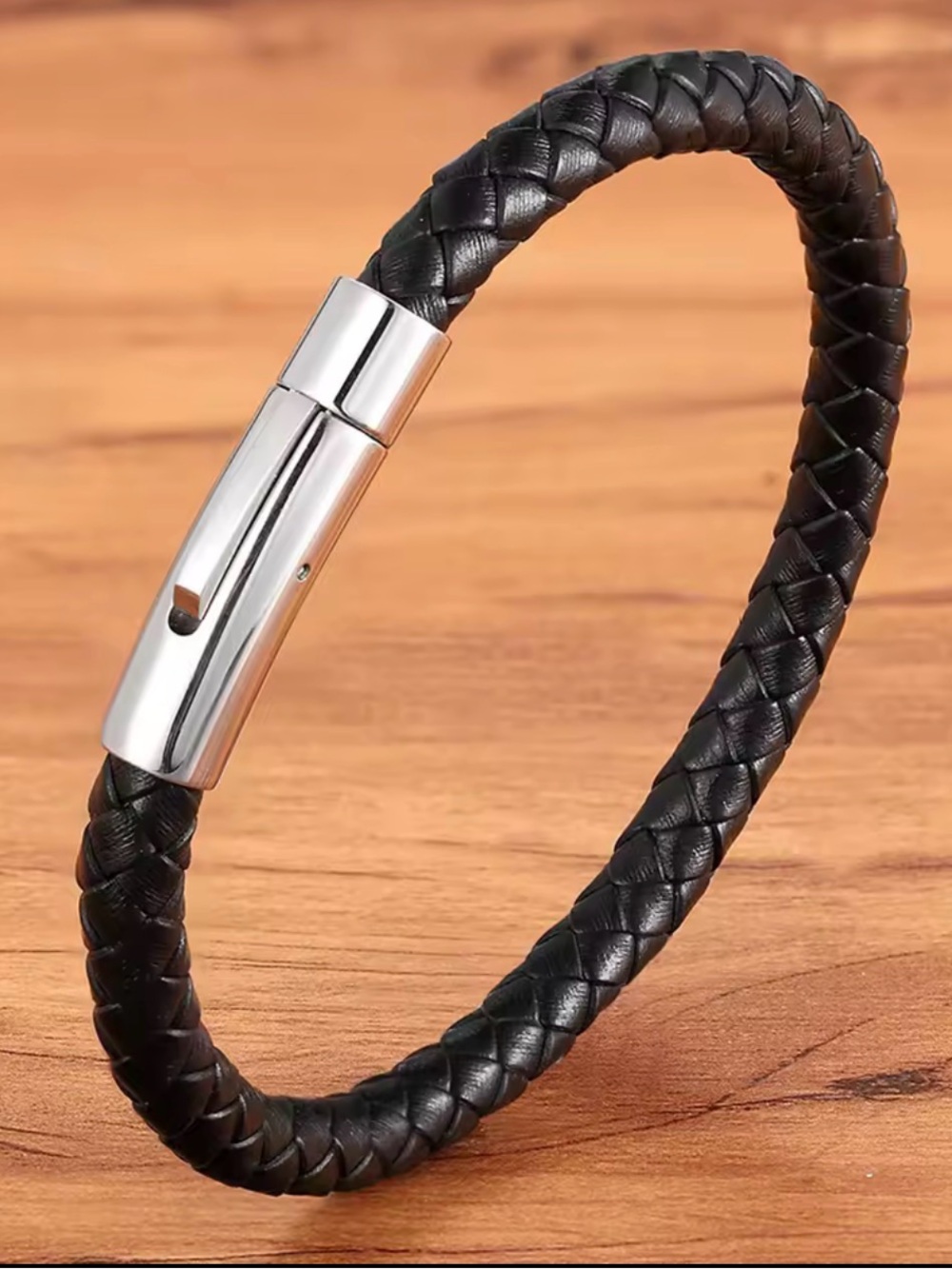 Men’s Boy Black Braided Leather Wrap Bracelet Silver Clasp